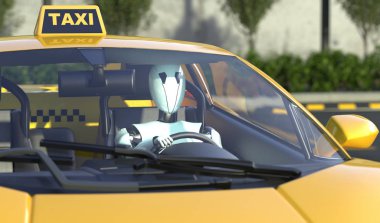 Robot taksi şoförü sarı bir taksinin direksiyonunda oturuyor. Otomatik pilotlu araba. Akıllı robotik ve yapay zekanın gelecekteki konsepti. 3d oluşturma