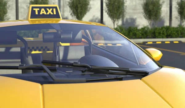 El taxi amarillo de primer plano se para en un estacionamiento de la ciudad. Fondo borroso. Renderizado 3D — Foto de Stock