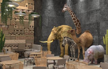 Afrika 'nın vahşi hayvanları fil, zürafa, zebra, deve, su aygırı restoranın ya da kafenin içinde. Afrika tarzı dekorasyonlu yaratıcı iç tasarım. 3d oluşturma.