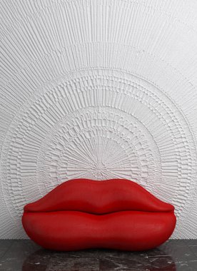 Boş beyaz bir duvarın içinde, dişi kırmızı dudaklar şeklinde bir kanepe. Kopya uzayı ile yaratıcı bir iç tasarım. 3d oluşturma