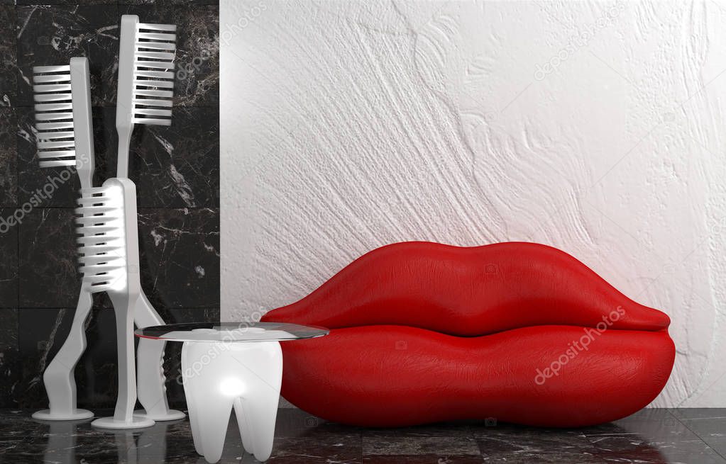 Interior with red sofa in form of female lips, coffee table in shape of a tooth and lamp in the shape of toothbrushes. Creative design of interior of receiving dental clinic. 3D rendering. Copy space.