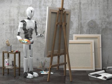 İnsansı robot bir sanatçı bir sanat atölyesinde resim yapıyor. Akıllı robotik ve yapay zekanın gelecekteki konsepti. 3d oluşturma