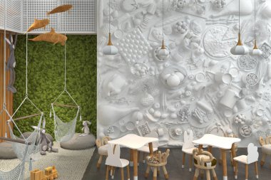 Kindergarten or children's cafe with a game zone with toys and dining tables. Modern creative interior design. 3D rendering.
