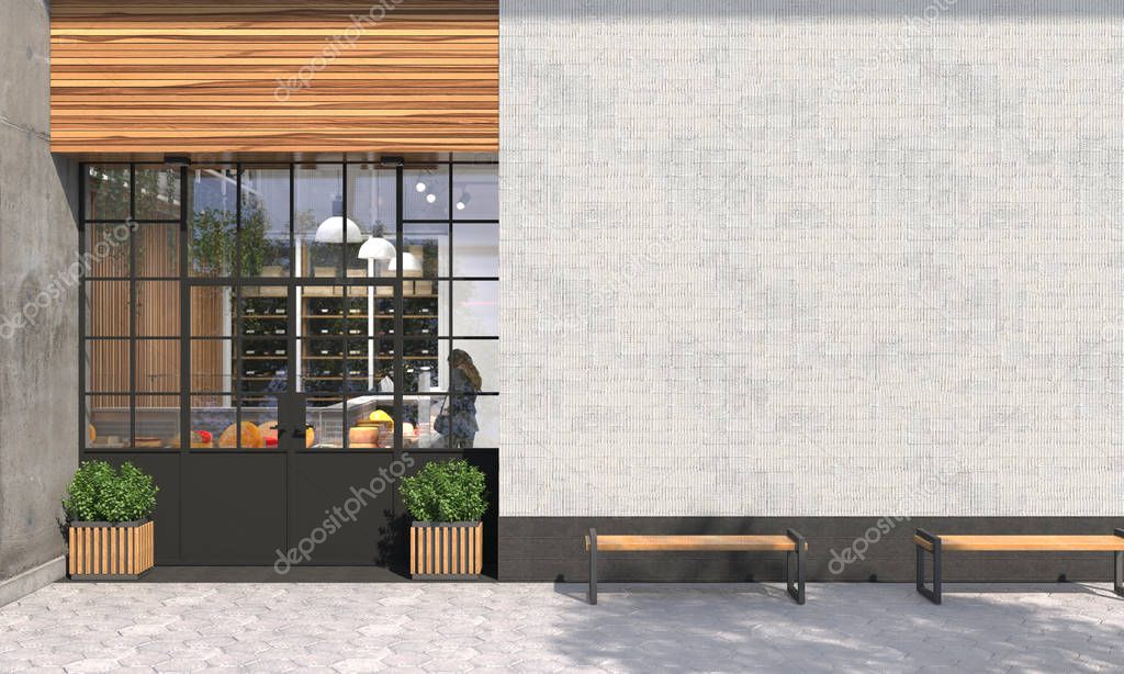 The facade of a store or cafe with an entrance group and blank wall in front view. Free space for signage, advertising banners and posters. Exterior and architecture design. 3D render.