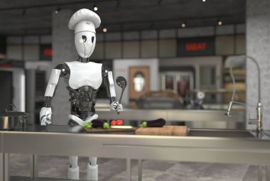 İnsanımsı bir robot şef bir restoranın mutfağında yemek pişiriyor. İnsan işçiliğini robotlarla değiştirmek. Akıllı robotik ve yapay zekanın gelecekteki konsepti. 3d oluşturma.