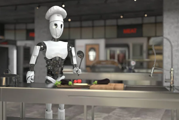 İnsanımsı bir robot şef bir restoranın mutfağında yemek pişiriyor. İnsan işçiliğini robotlarla değiştirmek. Akıllı robotik ve yapay zekanın gelecekteki konsepti. 3d oluşturma. — Stok fotoğraf