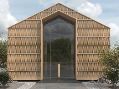 Kamu binası ya da çatısı eğimli bir pavyon. Cam giriş grubu ve ahşap yarasa duvarlı modern yaratıcı cephe. Uzayı kopyala 3d oluşturma