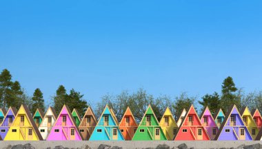 Many colorful wooden guest houses stand in a row against a forest and clear sky. A chalet or summer wellness camp with colorful cottages in the shape of triangular wigwams. 3D render with copy space. clipart