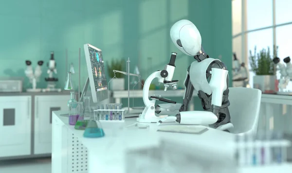 A humanoid robot in a laboratory works with a microscope. Scientific experiments. Future concept with smart robotics and artificial intelligence. 3D rendering