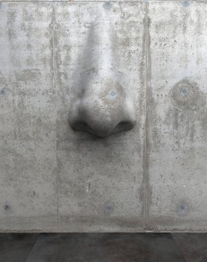 Beton bir duvarda insan burnu şeklinde çimento heykeli. Kopya alanı olan yaratıcı kavramsal modern sanat. 3B görüntüleme
