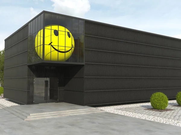 Enorme Cara Sonriente Esférica Amarilla Ventana Edificio Monocromo Negro Gran — Foto de Stock