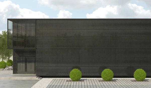 The modern building is monochrome black and rectangular shape.  Facade with covered terrace and copy space. 3D rendering.