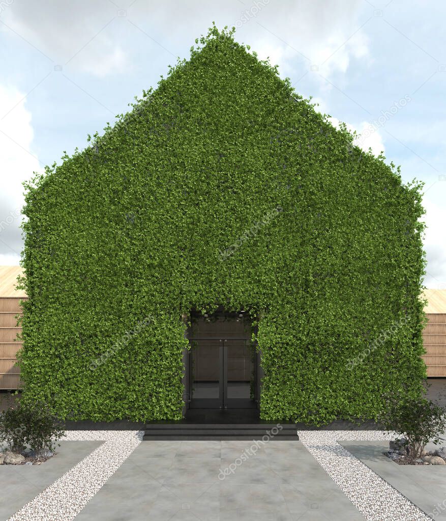 Vertical gardening facade of the house with a sloping roof. Modern green architecture. The phytowall of the building is overgrown with curly ivy. Copy space. 3D rendering