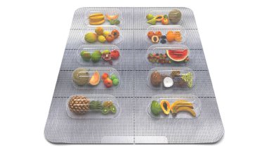 Doğal vitaminler tabletlerde. Haplar yerine su toplamış taze meyve. Başka bir ilaç. Sağlıklı bir diyet için multivitamin ve diyet takviyeleri. Yaratıcı bir kavram. 3 Boyutlu resimleme.
