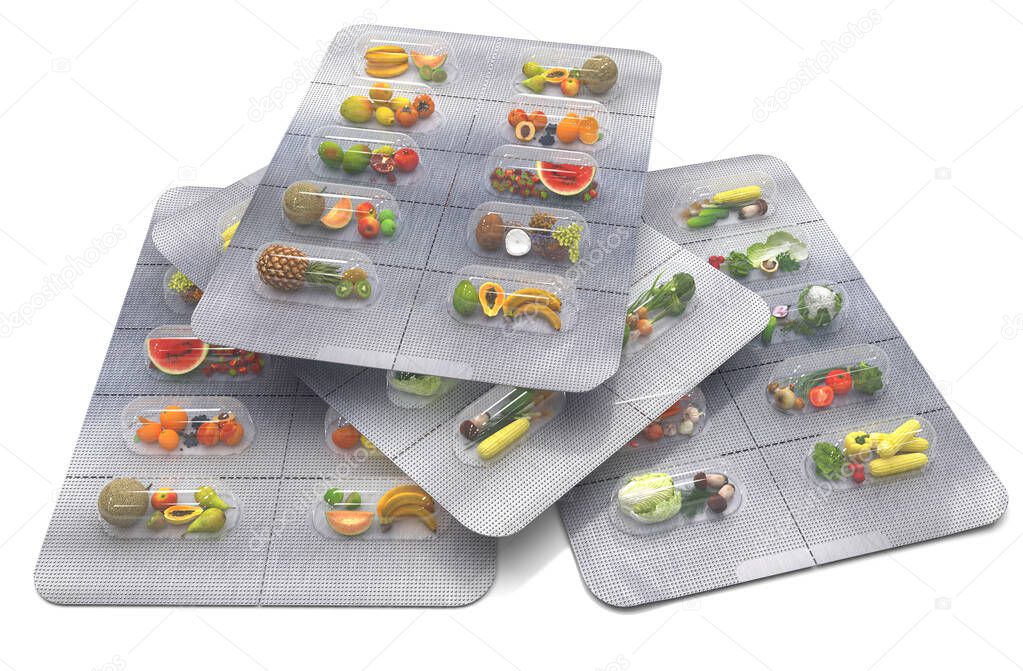 Natural vitamins in tablets. Fresh vegetables and fruits in blister instead of pills. lternative medicine. Multivitamins and dietary supplements for healthy diet. Creative concept. 3D render.