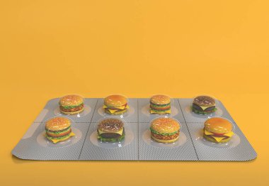 Küçük sandviçler, hamburgerler ve çizburgerler hap yerine su toplamış. Sarı arka planda servis büyüklüğünde fast food paketleri. Yaratıcı bir kavram. 3 Boyutlu resimleme