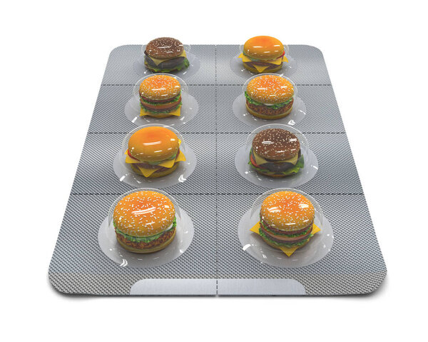 Small sandwiches, hamburgers and  cheeseburgers in a blister instead of pills. Fast food packaging in serving size on a white background. Creative concept. 3D render illustration