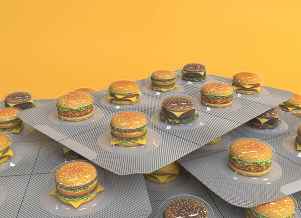 Small sandwiches, hamburgers and  cheeseburgers in a blister instead of pills. Fast food packaging in serving size on a yellow background. Creative concept. 3D render illustration.