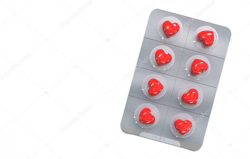 Red pills in the shape of a heart in a blister. Pill packaging on a white background. Creative concept. Copy space. 3D render illustration.