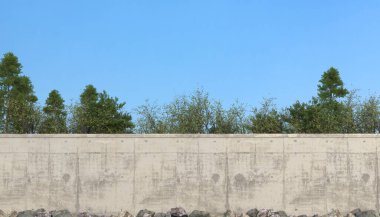 Ağaçların arka planına ve temiz gökyüzüne karşı yüksek beton bir duvar ya da çit. Kopyalama alanı olan sağlam uzun bir duvar. Kapalı Özel Bölge 'de. 3 Boyutlu Hazırlama