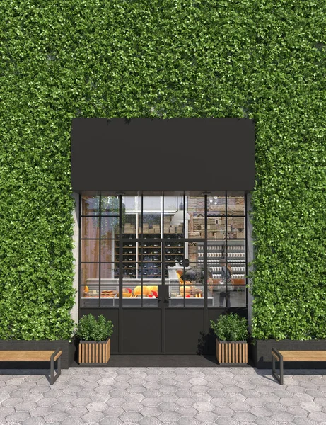 Vertical gardening facade of a store or cafe with glass entrance doors. Free space for signage. Facade is overgrown with curly ivy. Modern green architecture. Copy space. 3D rendering
