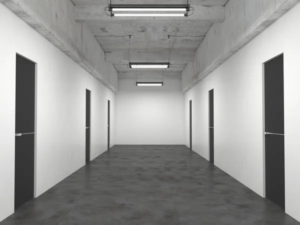 Office Lobby Many Identical Closed Black Doors Empty White Wall — Stock Photo, Image