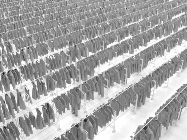 Довгі Ряди Схожих Однорідних Стелажів Одягу Бездоганний Монотонний Сірий Одяг — стокове фото