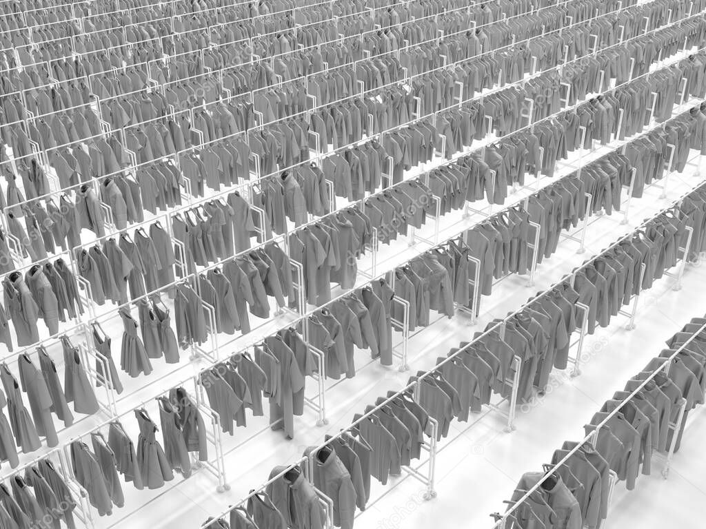 Long rows of similar uniform clothing racks. Featureless monotonous gray clothes. Top view. 3D render illustration