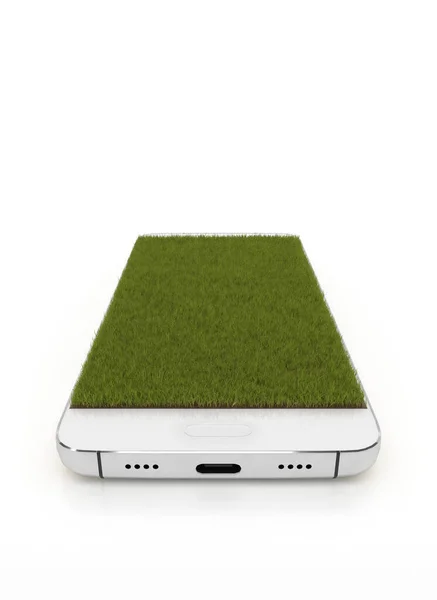 Білий Смартфон Покритим Травою Екраном Мобільний Телефон Ізольований Білому Тлі — стокове фото
