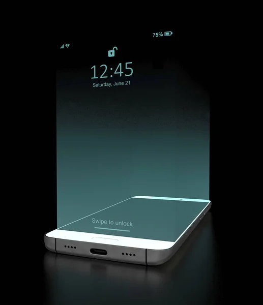Ekran Smartfona Jest Wyświetlany Trójwymiarowym Wirtualnym Hologramie Makieta Niebieskim Świecącym — Zdjęcie stockowe