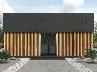 Düz çatılı, dikdörtgen şeklinde modern bir bina. Cam giriş kapıları ve ahşap yarasa duvarları olan bir cephe. Uzayı kopyala Logo için yer var. 3B görüntüleme