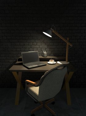 An empty workplace at night with office desk, armchair and laptop in a dark room lit by the light of a desk lamp. Sitting at the computer late into the night. Work at home at night. 3D rendering clipart