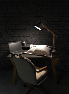 A workplace at night with one office desk, laptop and pillow on a table in a dark room lit by the light of a desk lamp. Heavy workload. Sleep at the desk. Work at home at night. 3D rendering clipart
