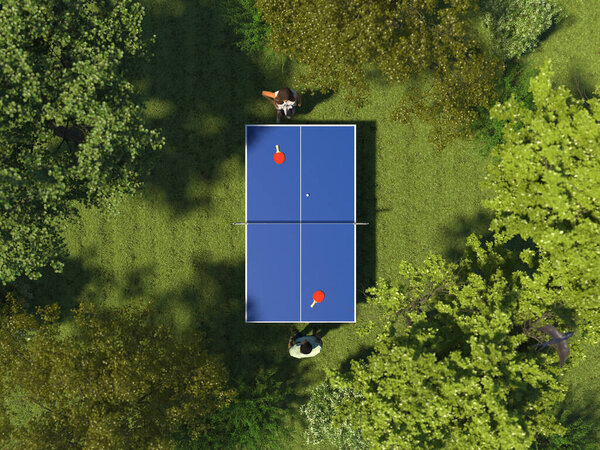 Single table tennis on the green meadow in the forest among the trees. Two people play table tennis on grass on the top view. Gambling in nature. 3D rendering. Aerial view.