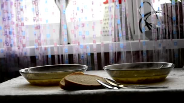 Two bowls of soup on the table — Stock Video