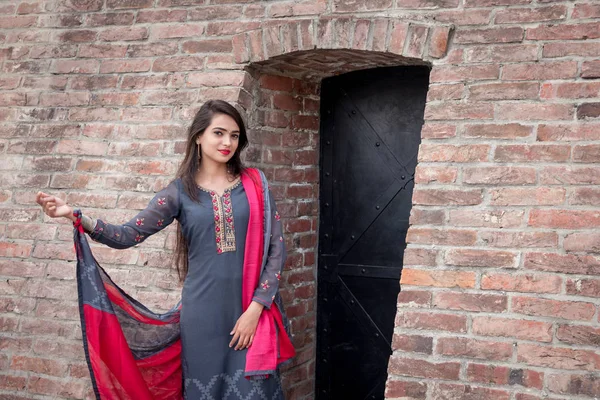 Menina Roupas Tradicionais Indianas Salwar Kameez Menina Indiana Stand Vestido — Fotografia de Stock