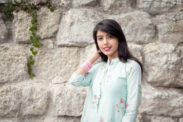 Portrait of indian girl in traditional dress. Traditional accessories of  Indian girls. Stock Photo