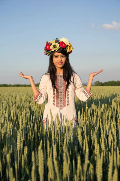 Beautiful Smiling Indian Girl Traditional Ukrainian Clothes Handmade Flowery Wreath Stock Image