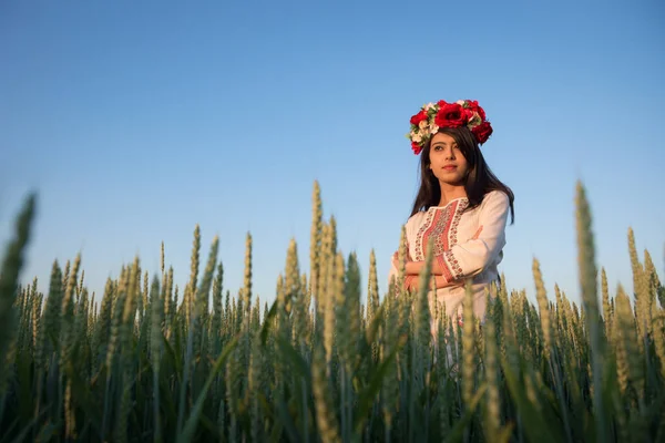 Красивая Молодая Женщина Носит Традиционную Украинскую Одежду Цветочный Венок Ходить — стоковое фото