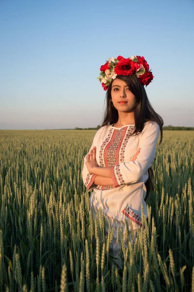 Красивая Молодая Женщина Носит Традиционную Украинскую Одежду Цветочный Венок Ходить — стоковое фото