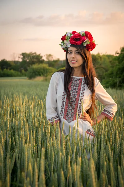 Mujer Joven Bonita Usar Ropa Tradicional Ucraniana Flor Corona Caminar — Foto de Stock