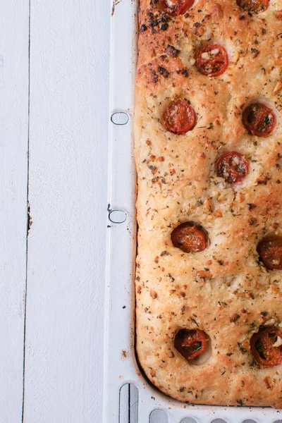 Traditional Homemade Italian Focaccia White Wooden Table — Stock Photo, Image