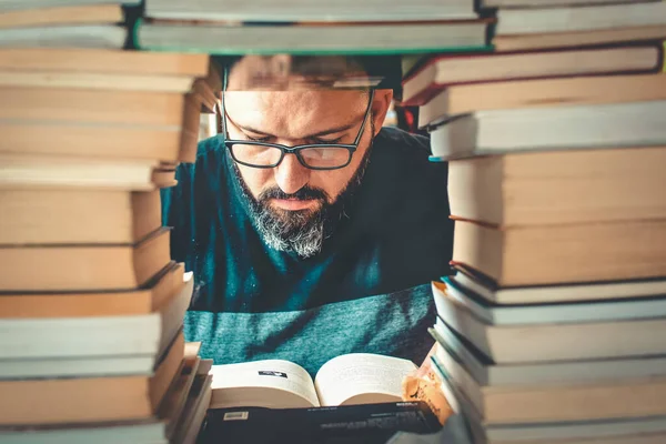 Image Bearded Man Glasses Reading Stacks Book — Stock Photo, Image