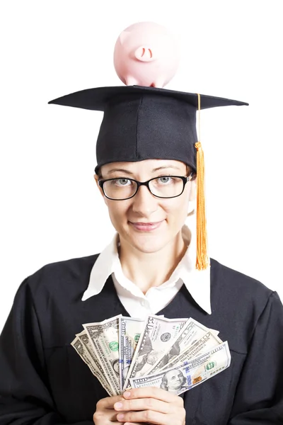 Graduation woman student with eyeglasses holding dollars money a — Stock Photo, Image