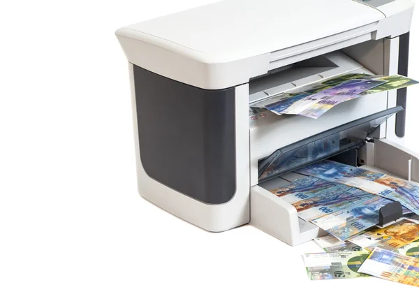 Printer printing fake Swiss francs, currency of switzerland — Stock Photo, Image