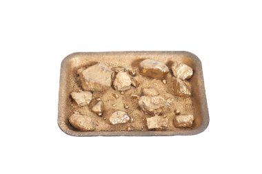 Golden nuggets on grungy wash pan with sand isolated clipart