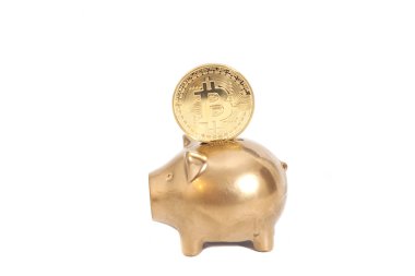 Bir altın Bitcoin sikke (yeni sanal MEB ile altın Piggy banka