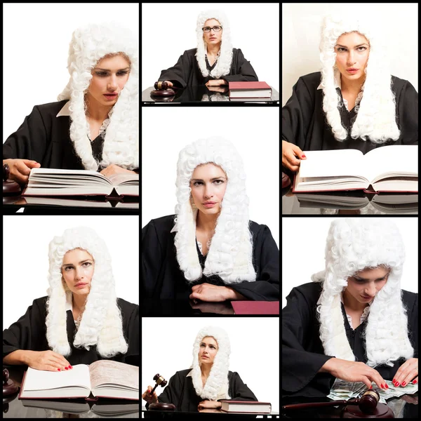 Retratos de Juíza feminina vestindo uma peruca e manto preto.Colagem — Fotografia de Stock