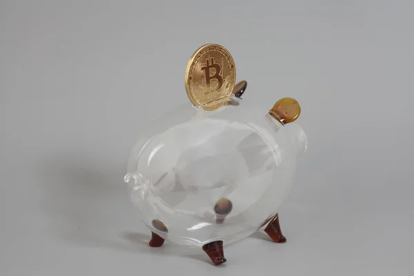 Kaca Piggy bank dengan Satu koin Bitcoin Emas (uang virtual baru — Stok Foto