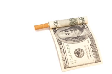 Beyaz arka plan üzerinde Sigara ve yüz doları bill 